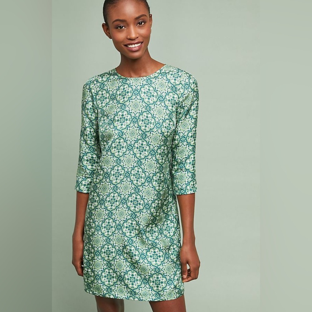 Anthropologie Nieves Lavi Ines Silk Green Patterned Dress